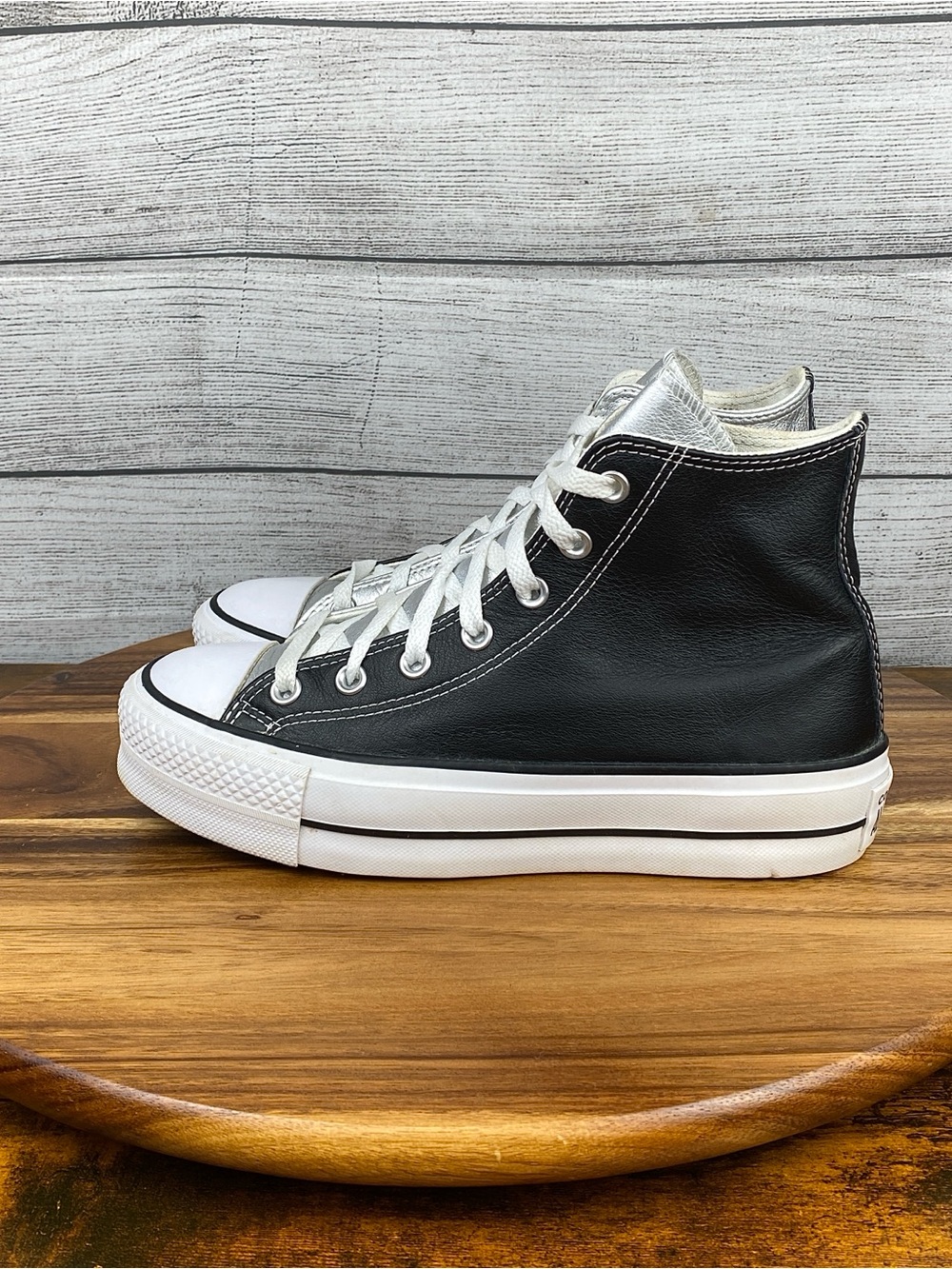 Converse Chuck Taylor All Star High Lift Custom Black Silver Leather Women’s 8